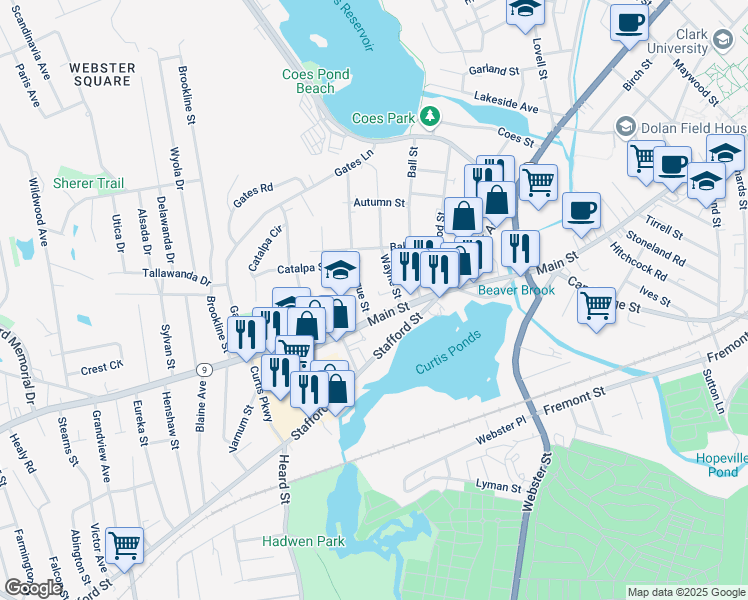 map of restaurants, bars, coffee shops, grocery stores, and more near 8 Wayne Terrace in Worcester
