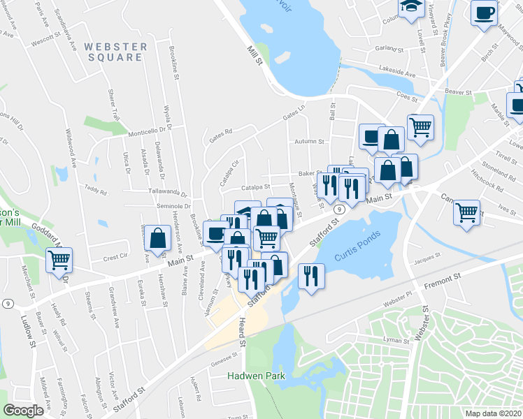 map of restaurants, bars, coffee shops, grocery stores, and more near 20 Holland Road in Worcester