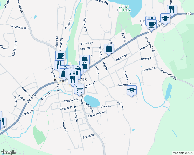 map of restaurants, bars, coffee shops, grocery stores, and more near 22 Ash Street in Spencer