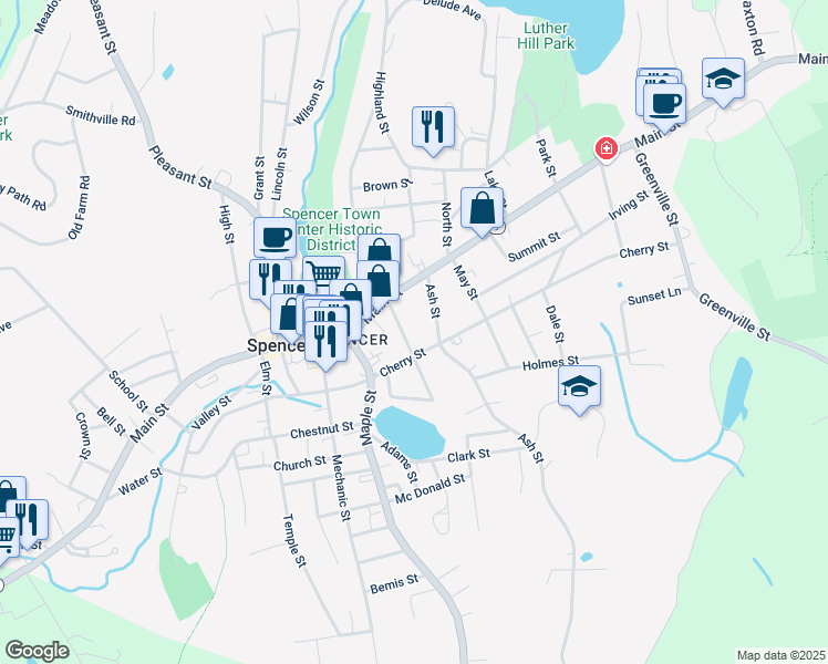 map of restaurants, bars, coffee shops, grocery stores, and more near 22 Ash Street in Spencer