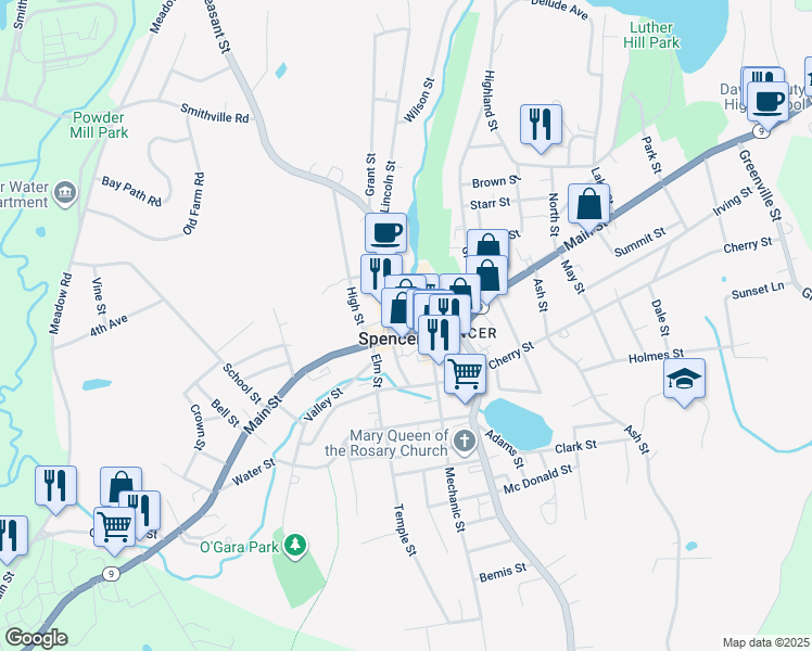 map of restaurants, bars, coffee shops, grocery stores, and more near 125 Main Street in Spencer