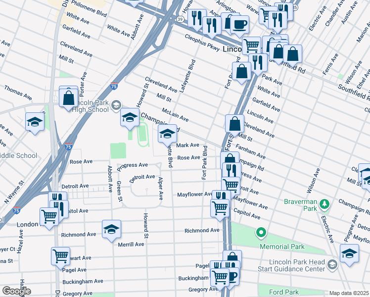 map of restaurants, bars, coffee shops, grocery stores, and more near 1420 Mark Avenue in Lincoln Park