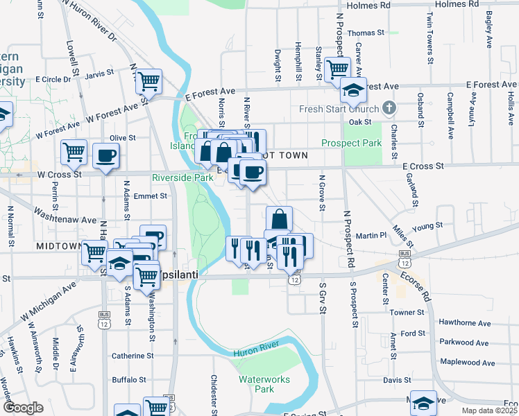 map of restaurants, bars, coffee shops, grocery stores, and more near 232 North River Street in Ypsilanti