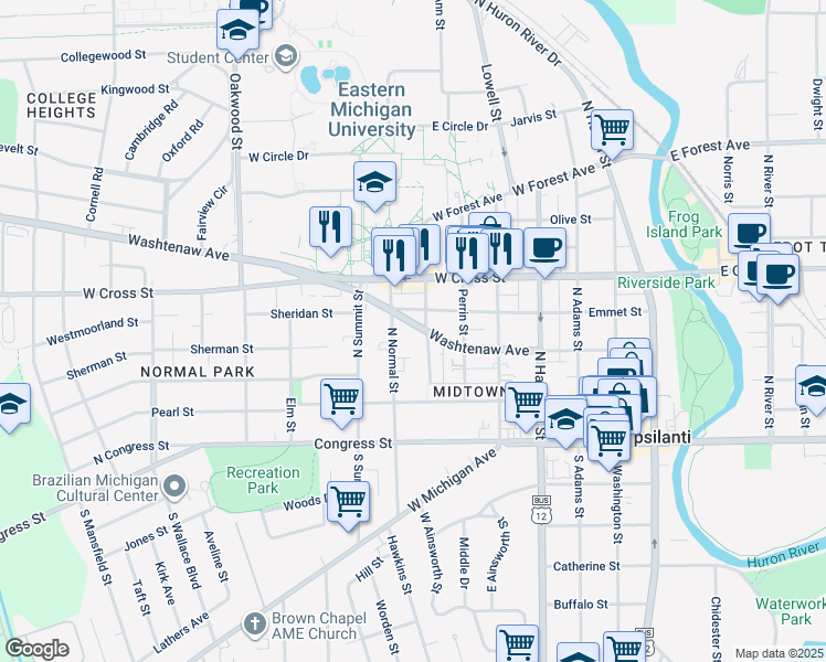 map of restaurants, bars, coffee shops, grocery stores, and more near 203 College Place in Ypsilanti