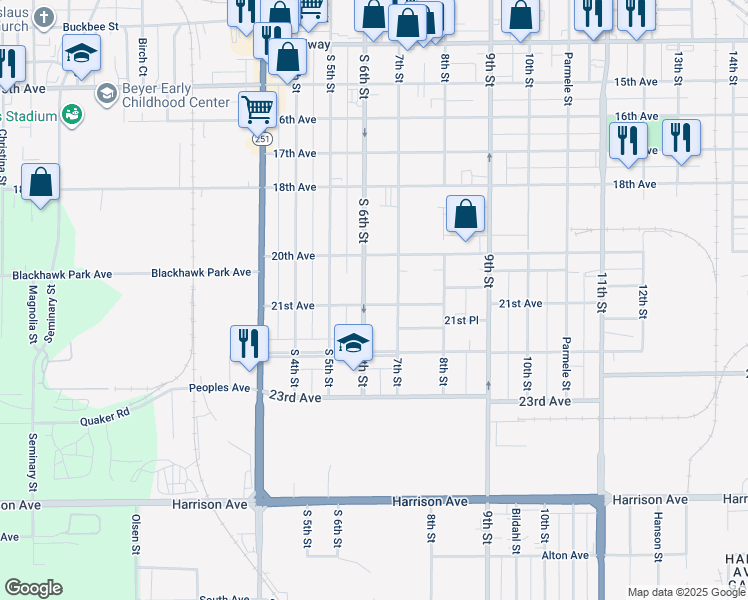map of restaurants, bars, coffee shops, grocery stores, and more near 2134 South 6th Street in Rockford