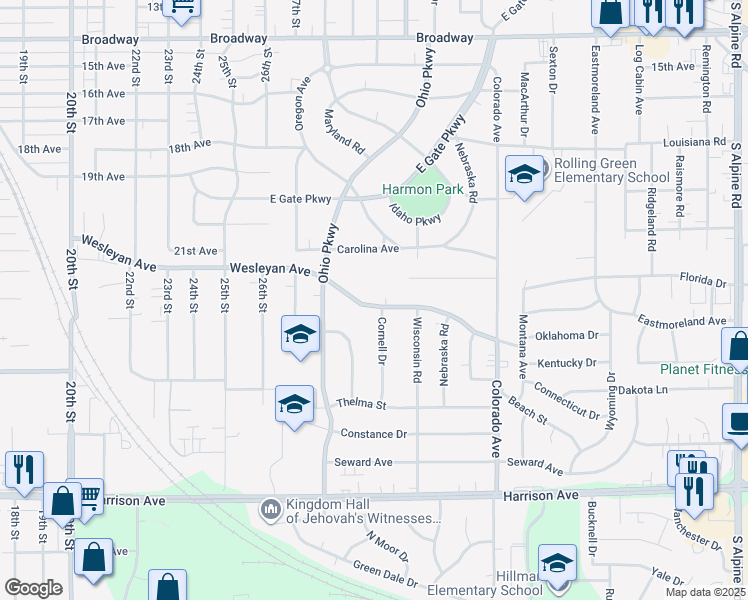 map of restaurants, bars, coffee shops, grocery stores, and more near 3316 Wesleyan Avenue in Rockford