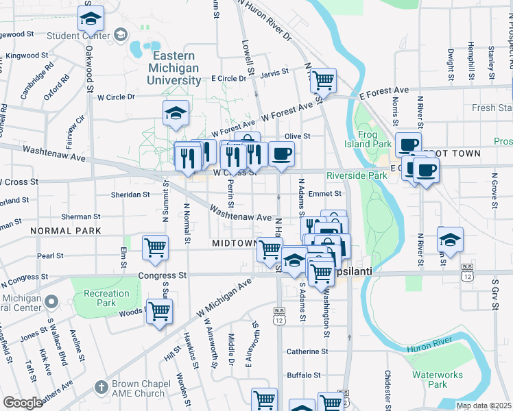 map of restaurants, bars, coffee shops, grocery stores, and more near 208 Ballard Street in Ypsilanti