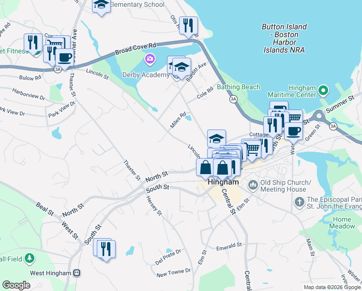 map of restaurants, bars, coffee shops, grocery stores, and more near 37 Lincoln Street in Hingham