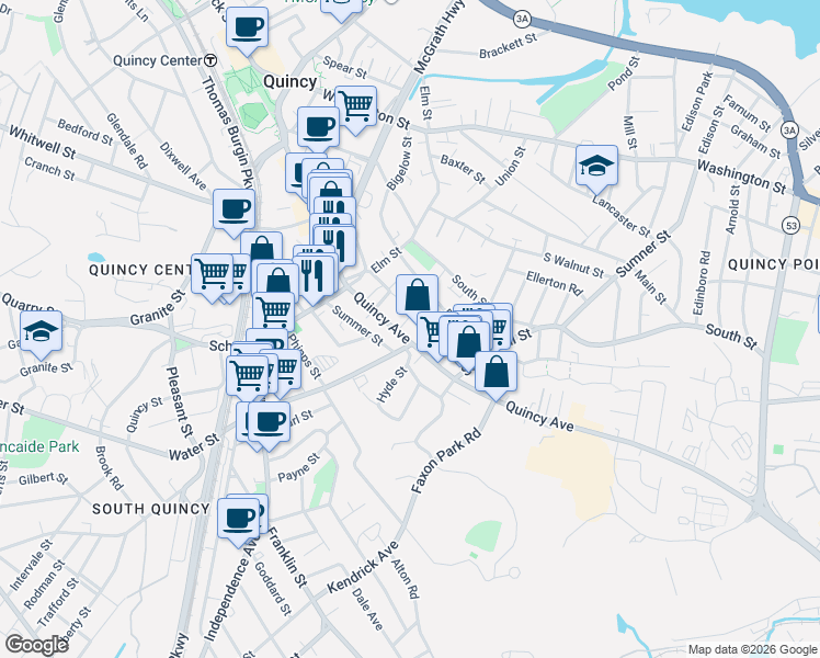 map of restaurants, bars, coffee shops, grocery stores, and more near 50 Quincy Avenue in Quincy