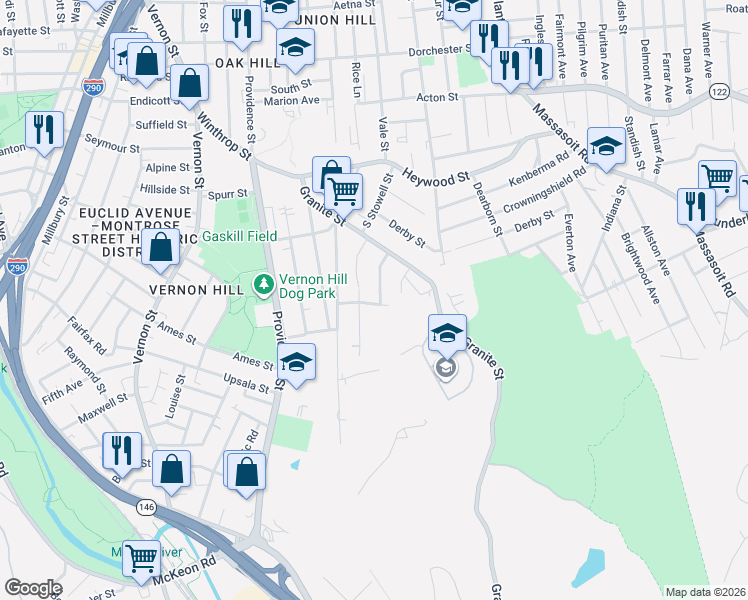 map of restaurants, bars, coffee shops, grocery stores, and more near 34 Bridgeport Street in Worcester
