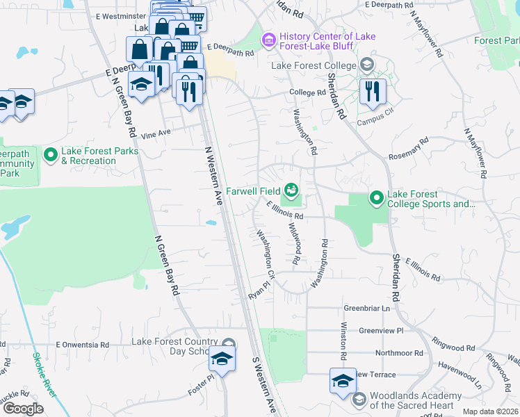 map of restaurants, bars, coffee shops, grocery stores, and more near 260 Washington Circle in Lake Forest