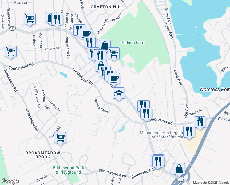 map of restaurants, bars, coffee shops, grocery stores, and more near 990 Grafton St in Worcester