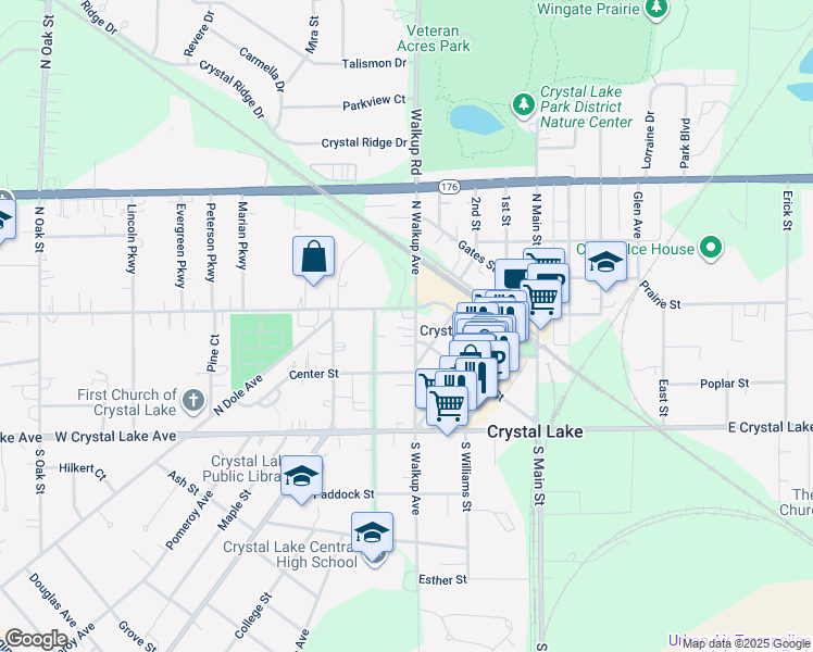map of restaurants, bars, coffee shops, grocery stores, and more near 15 West Woodstock Street in Crystal Lake