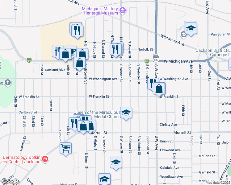map of restaurants, bars, coffee shops, grocery stores, and more near 415 South Thompson Street in Jackson