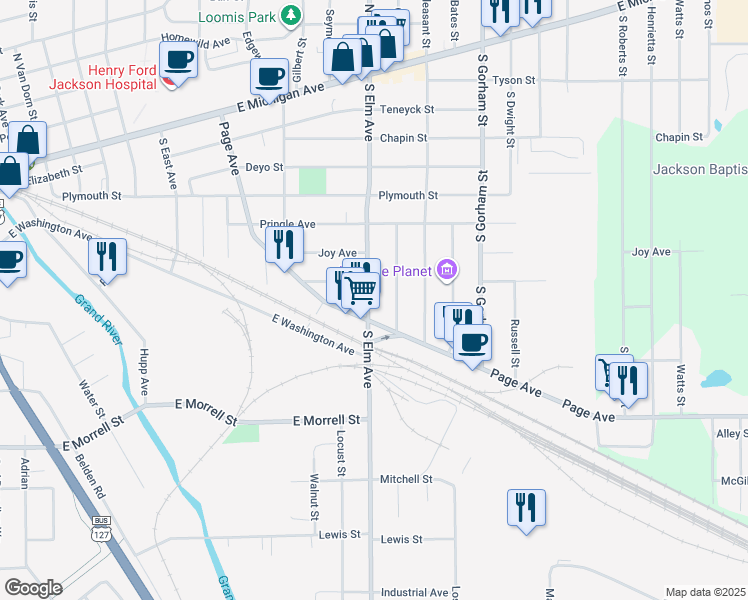 map of restaurants, bars, coffee shops, grocery stores, and more near 809 South Elm Avenue in Jackson