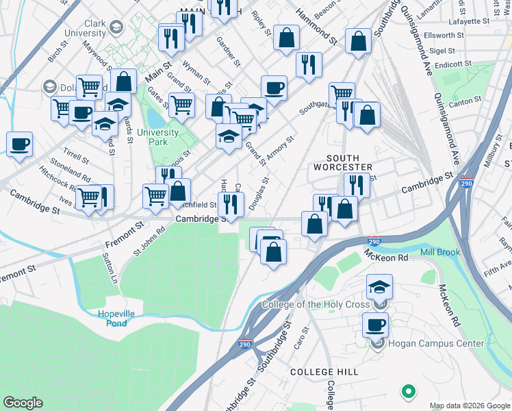 map of restaurants, bars, coffee shops, grocery stores, and more near 19 Douglas Street in Worcester