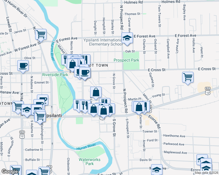 map of restaurants, bars, coffee shops, grocery stores, and more near 230 North Grove Street in Ypsilanti