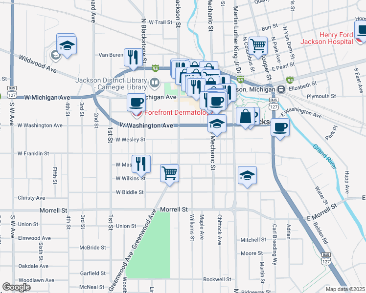map of restaurants, bars, coffee shops, grocery stores, and more near 405 South Jackson Street in Jackson