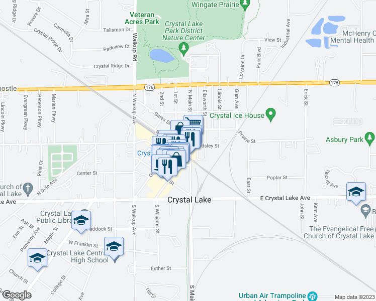 map of restaurants, bars, coffee shops, grocery stores, and more near 110 North Main Street in Crystal Lake