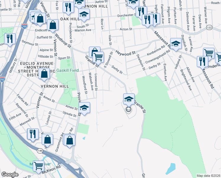 map of restaurants, bars, coffee shops, grocery stores, and more near 34 Bridgeport Street in Worcester