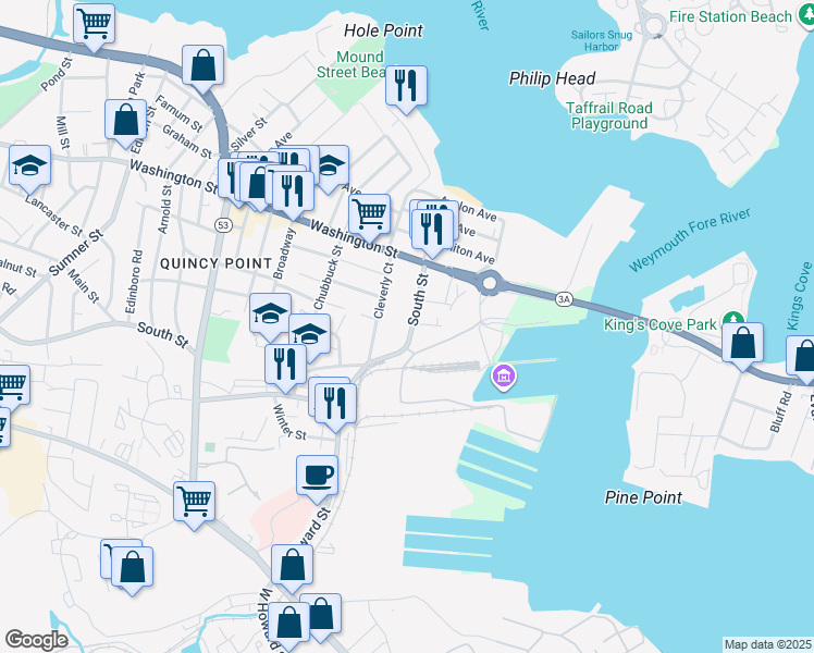 map of restaurants, bars, coffee shops, grocery stores, and more near 576 South Street in Quincy