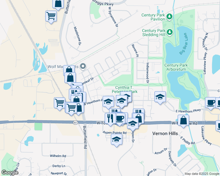 map of restaurants, bars, coffee shops, grocery stores, and more near 360 Jefferson Court in Vernon Hills