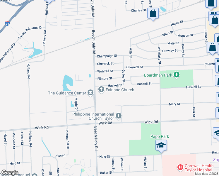 map of restaurants, bars, coffee shops, grocery stores, and more near 25646 Haskell Street in Taylor