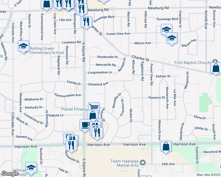 map of restaurants, bars, coffee shops, grocery stores, and more near 2207 Wilmette Drive in Rockford