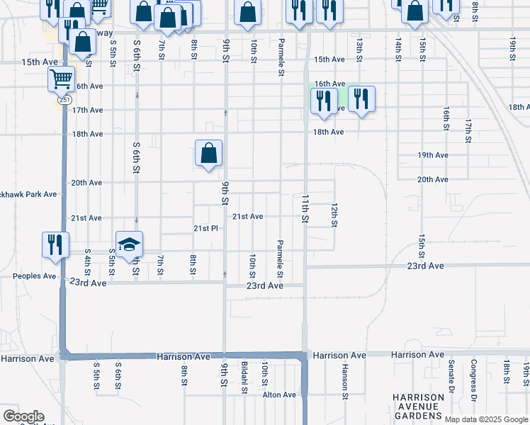 map of restaurants, bars, coffee shops, grocery stores, and more near 2144 21st Avenue in Rockford
