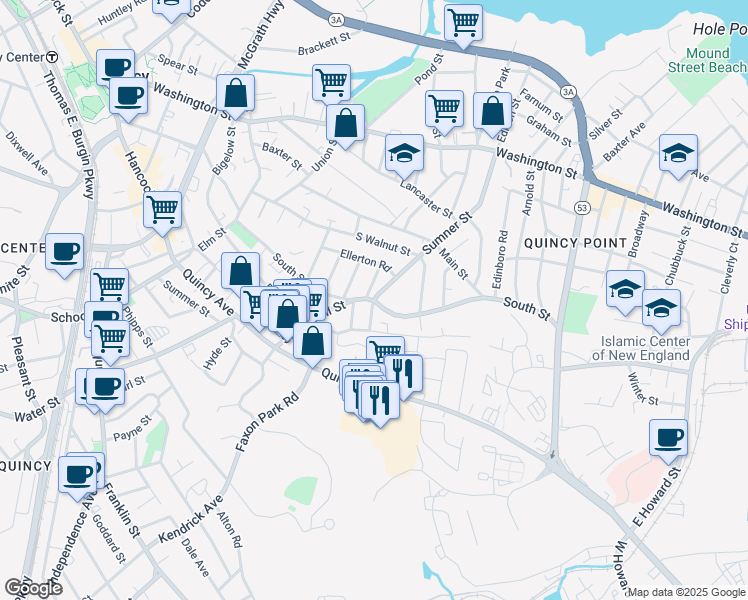 map of restaurants, bars, coffee shops, grocery stores, and more near 2 Sumner Street in Quincy