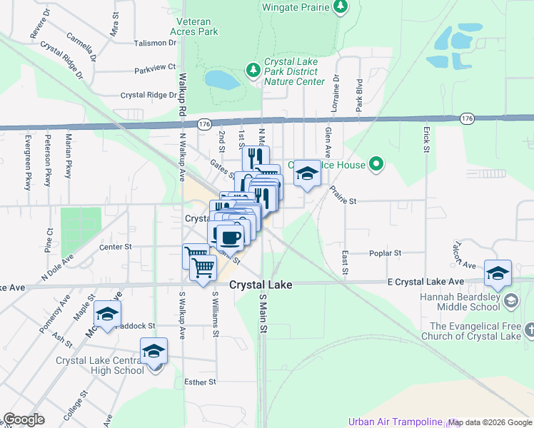 map of restaurants, bars, coffee shops, grocery stores, and more near 135 Beardsley Street in Crystal Lake