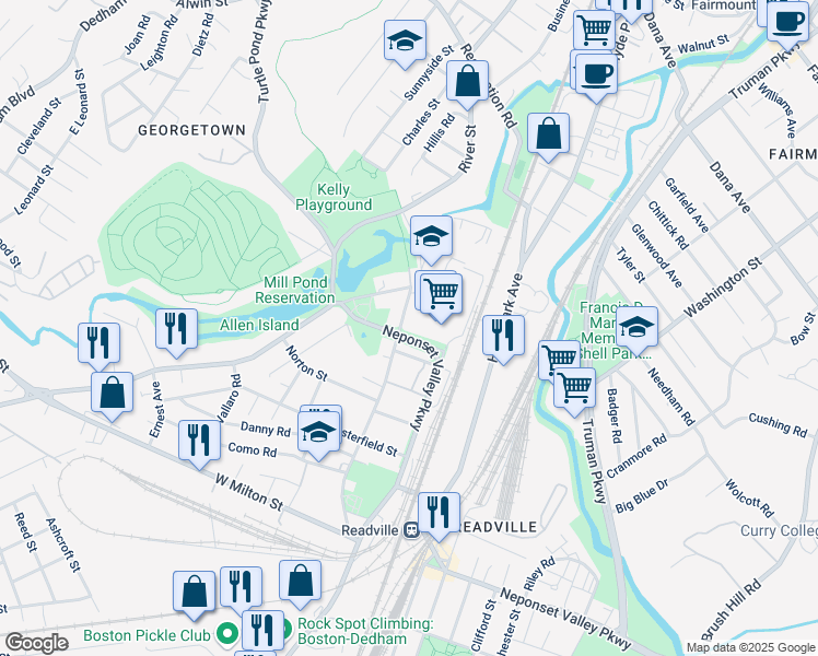 map of restaurants, bars, coffee shops, grocery stores, and more near 58-60 Neponset Valley Parkway in Boston