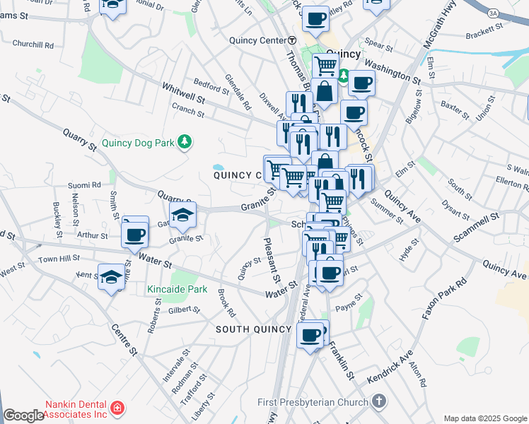 map of restaurants, bars, coffee shops, grocery stores, and more near 6 Fort Street in Quincy