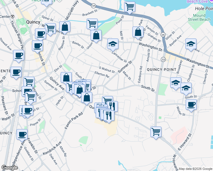 map of restaurants, bars, coffee shops, grocery stores, and more near 4 Dartmouth Street in Quincy