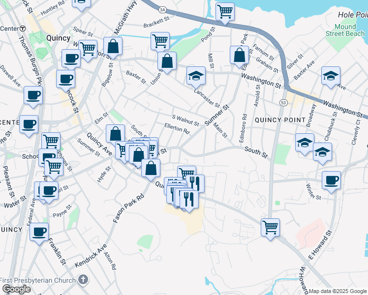 map of restaurants, bars, coffee shops, grocery stores, and more near 4 Dartmouth Street in Quincy