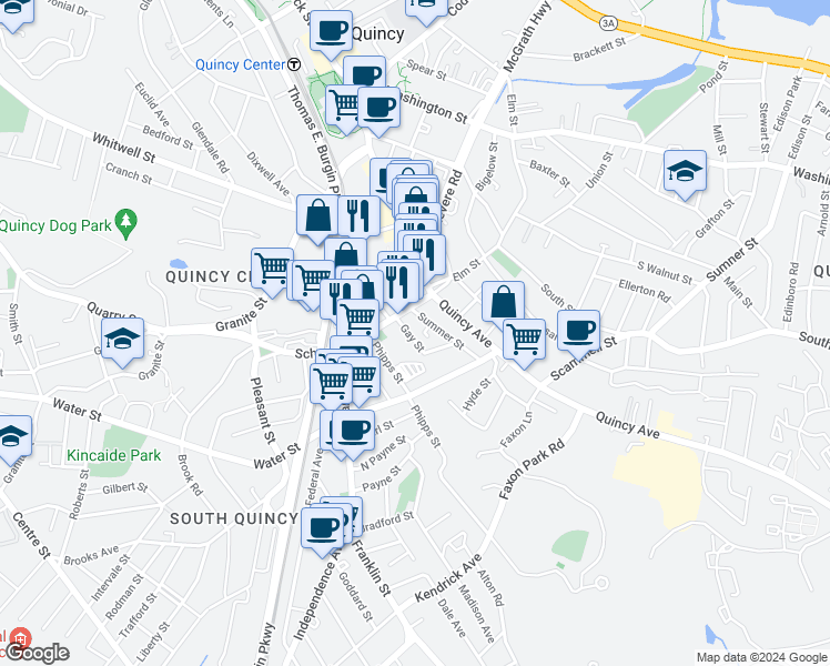 map of restaurants, bars, coffee shops, grocery stores, and more near 10 Gay Street in Quincy