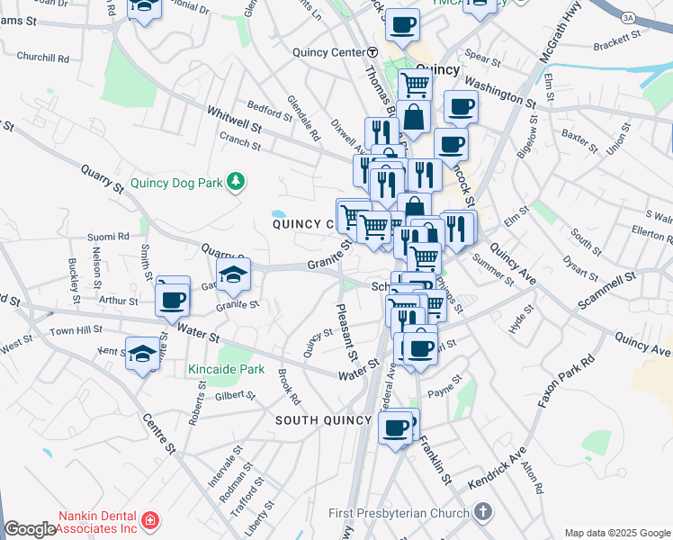 map of restaurants, bars, coffee shops, grocery stores, and more near 6 Fort Street in Quincy