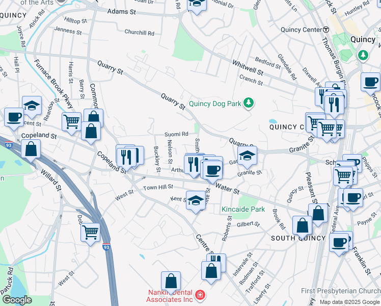 map of restaurants, bars, coffee shops, grocery stores, and more near 45 Prospect Hill in Quincy