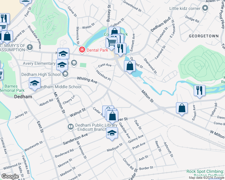 map of restaurants, bars, coffee shops, grocery stores, and more near 82 Walnut Street in Dedham