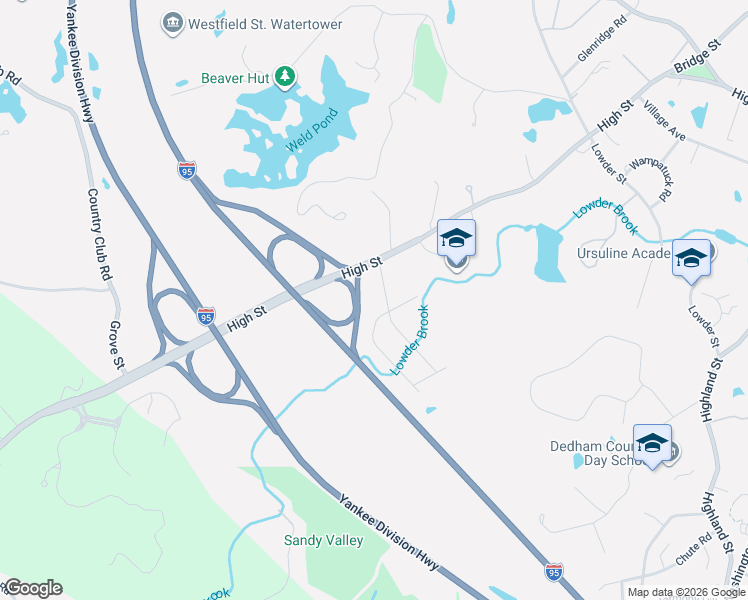 map of restaurants, bars, coffee shops, grocery stores, and more near 9 Booth Road in Dedham