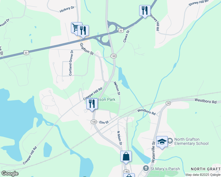 map of restaurants, bars, coffee shops, grocery stores, and more near 56 Shrewsbury Street in Grafton