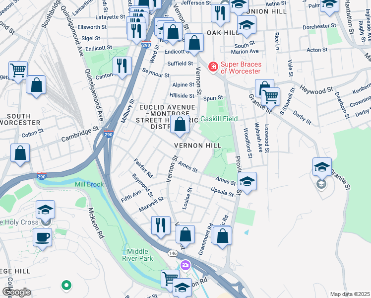map of restaurants, bars, coffee shops, grocery stores, and more near 147 Vernon Street in Worcester
