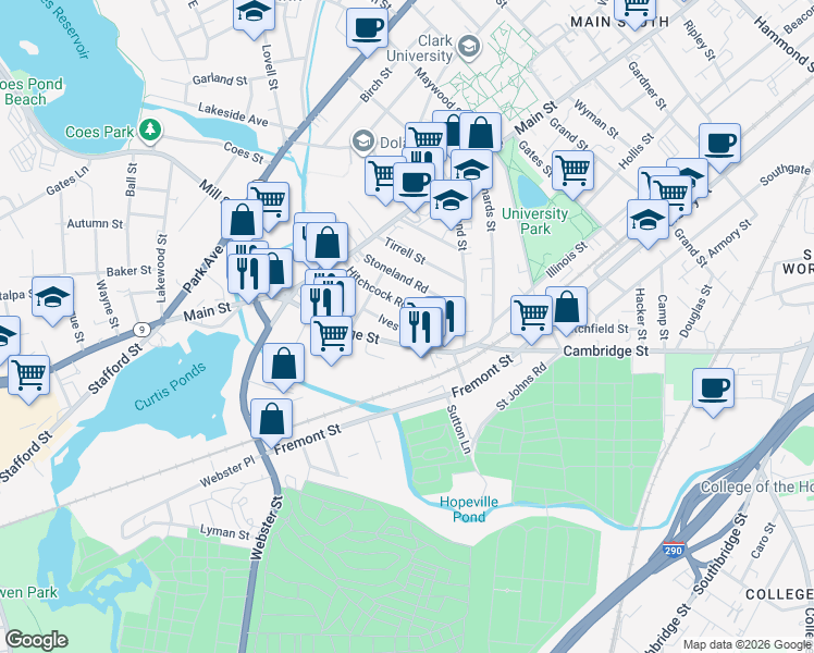 map of restaurants, bars, coffee shops, grocery stores, and more near 9 Ives Street in Worcester