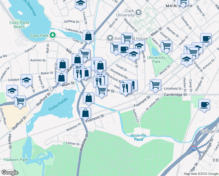 map of restaurants, bars, coffee shops, grocery stores, and more near 27 Haynes Street in Worcester