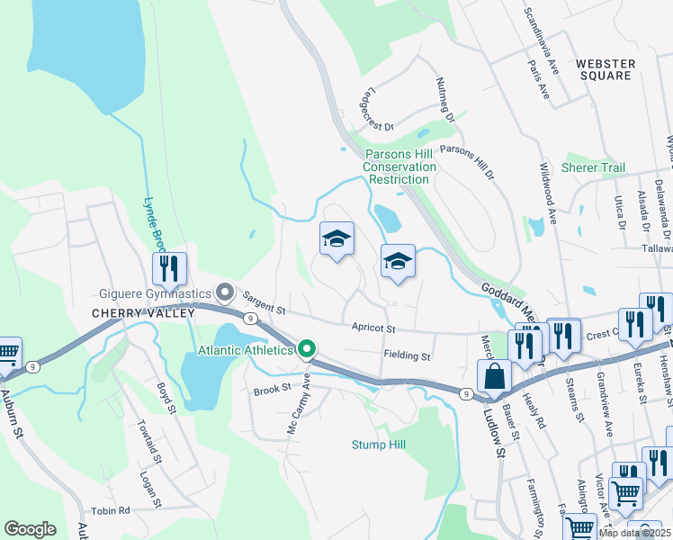 map of restaurants, bars, coffee shops, grocery stores, and more near in Worcester