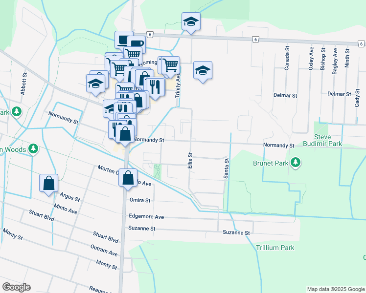 map of restaurants, bars, coffee shops, grocery stores, and more near in Windsor