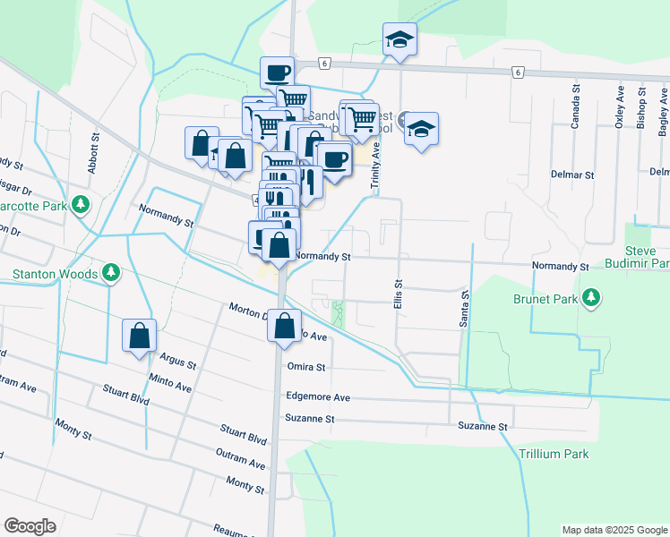 map of restaurants, bars, coffee shops, grocery stores, and more near 1905 Normandy Street in Windsor