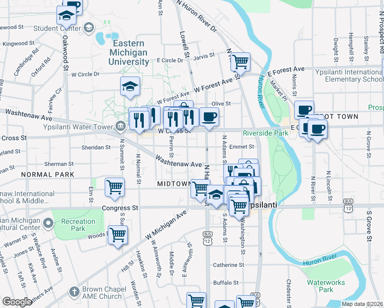 map of restaurants, bars, coffee shops, grocery stores, and more near 216 Ballard Street in Ypsilanti