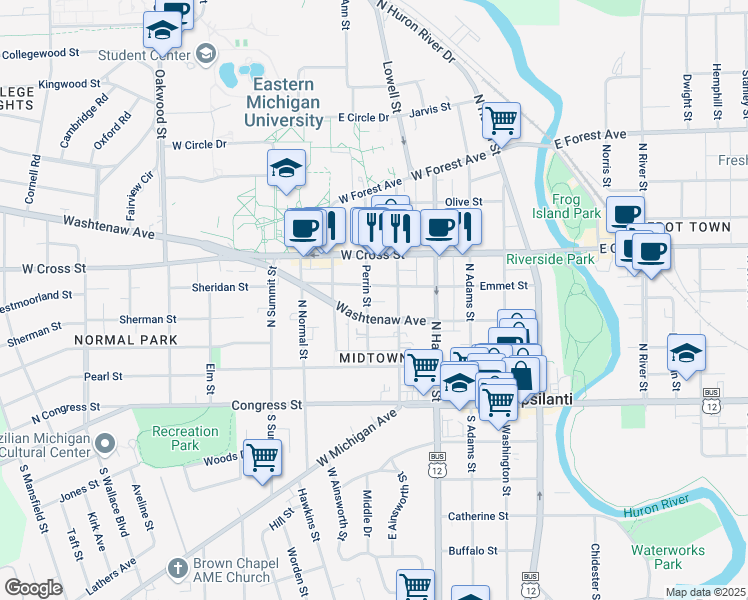 map of restaurants, bars, coffee shops, grocery stores, and more near 601 Emmet Street in Ypsilanti