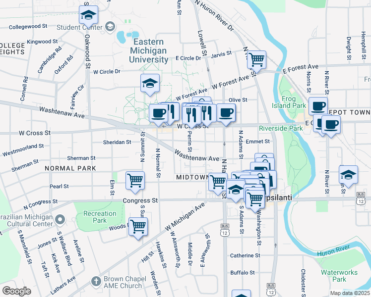 map of restaurants, bars, coffee shops, grocery stores, and more near 601 Emmet Street in Ypsilanti